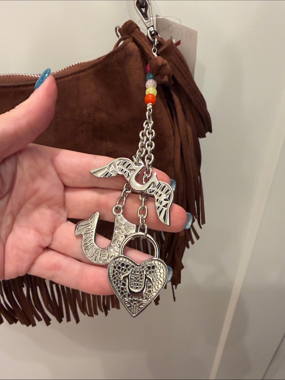 NWT-VIRAL True Religion Brown Suede Fringe Shoulder Bag with Stud Accents. - Picture 8 of 16